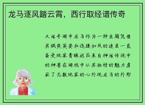 龙马逐风踏云霄，西行取经谱传奇