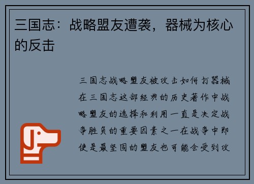 三国志：战略盟友遭袭，器械为核心的反击
